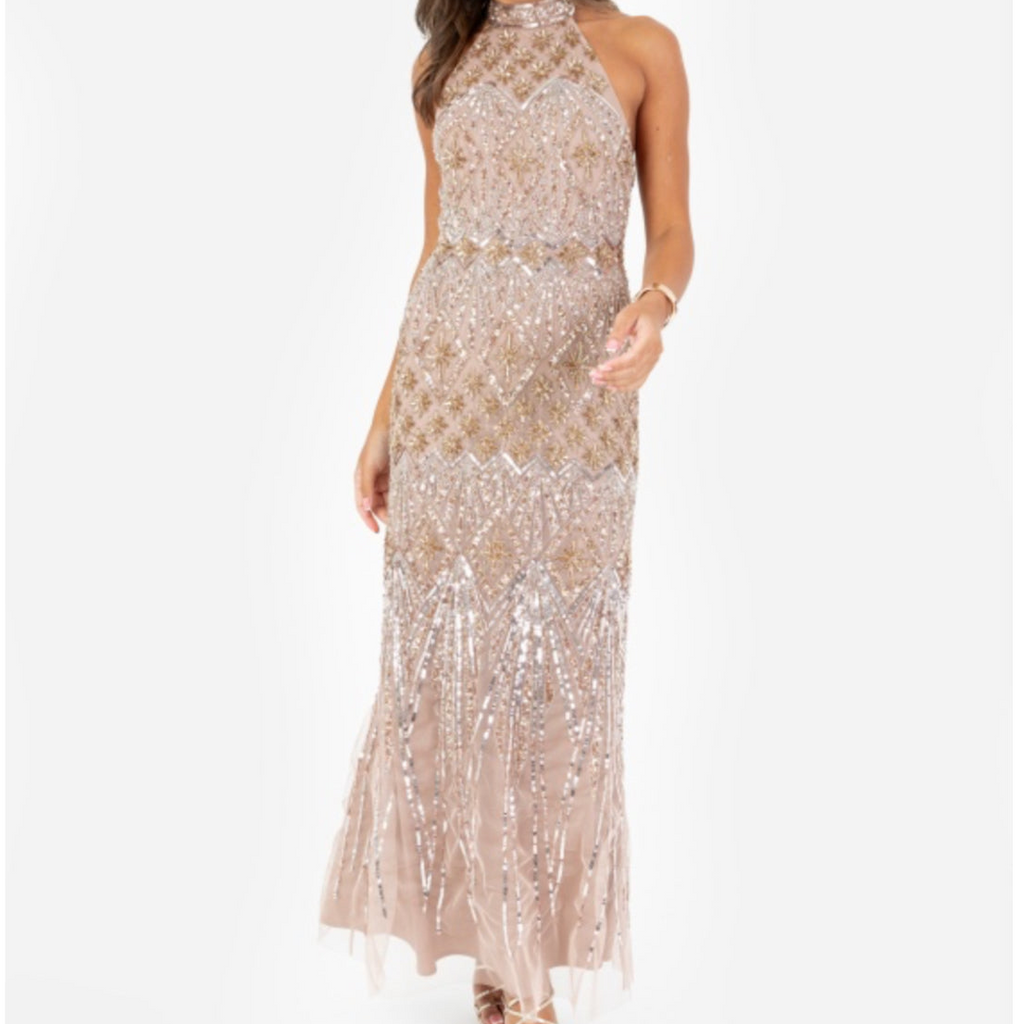 Celestial Embellishment Halter Neck & Open Back Maxi Dress