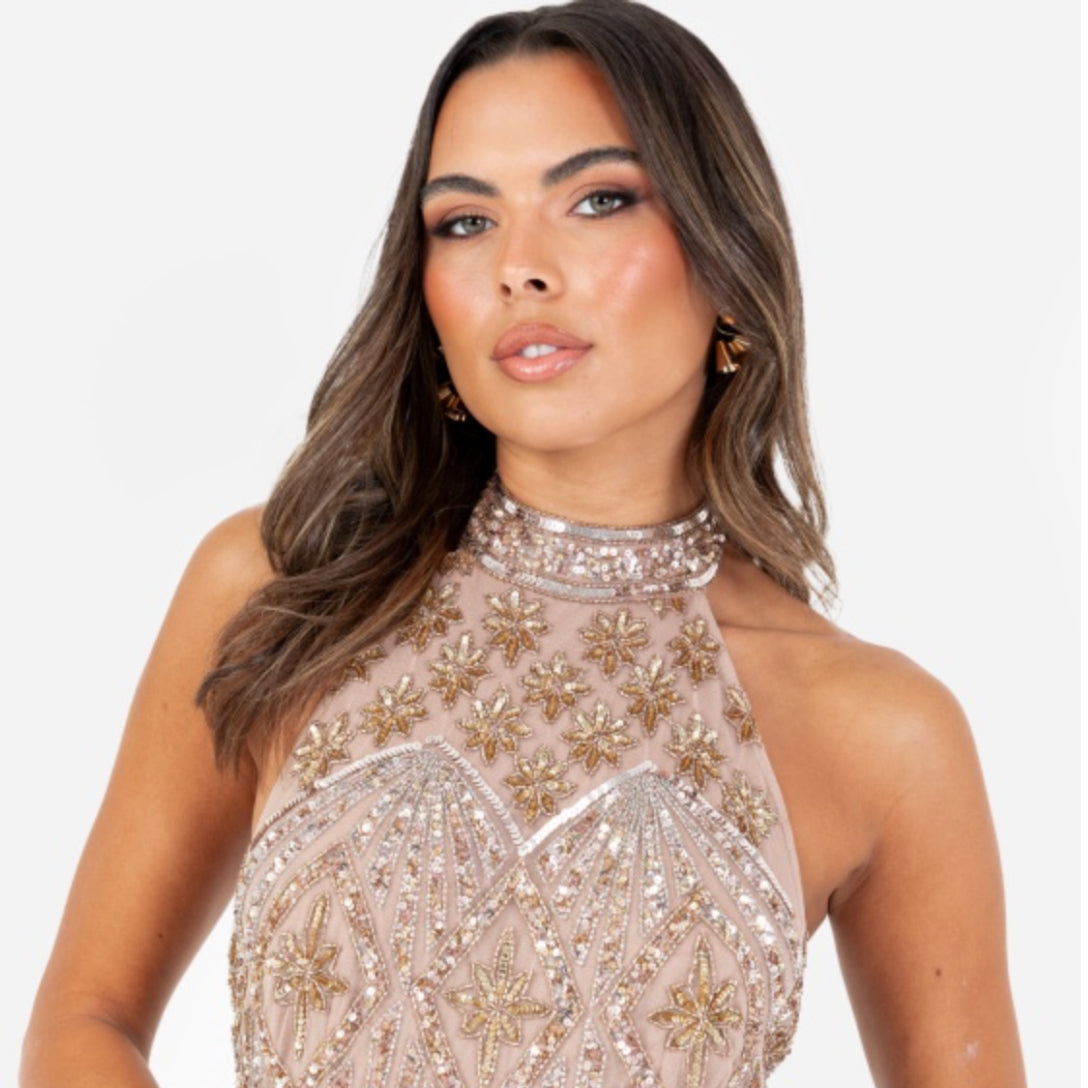 Celestial Embellishment Halter Neck & Open Back Maxi Dress