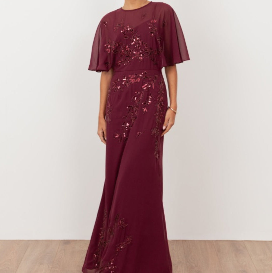 Cranberry Floral Embellished Angel Sleeve Maxi Dress