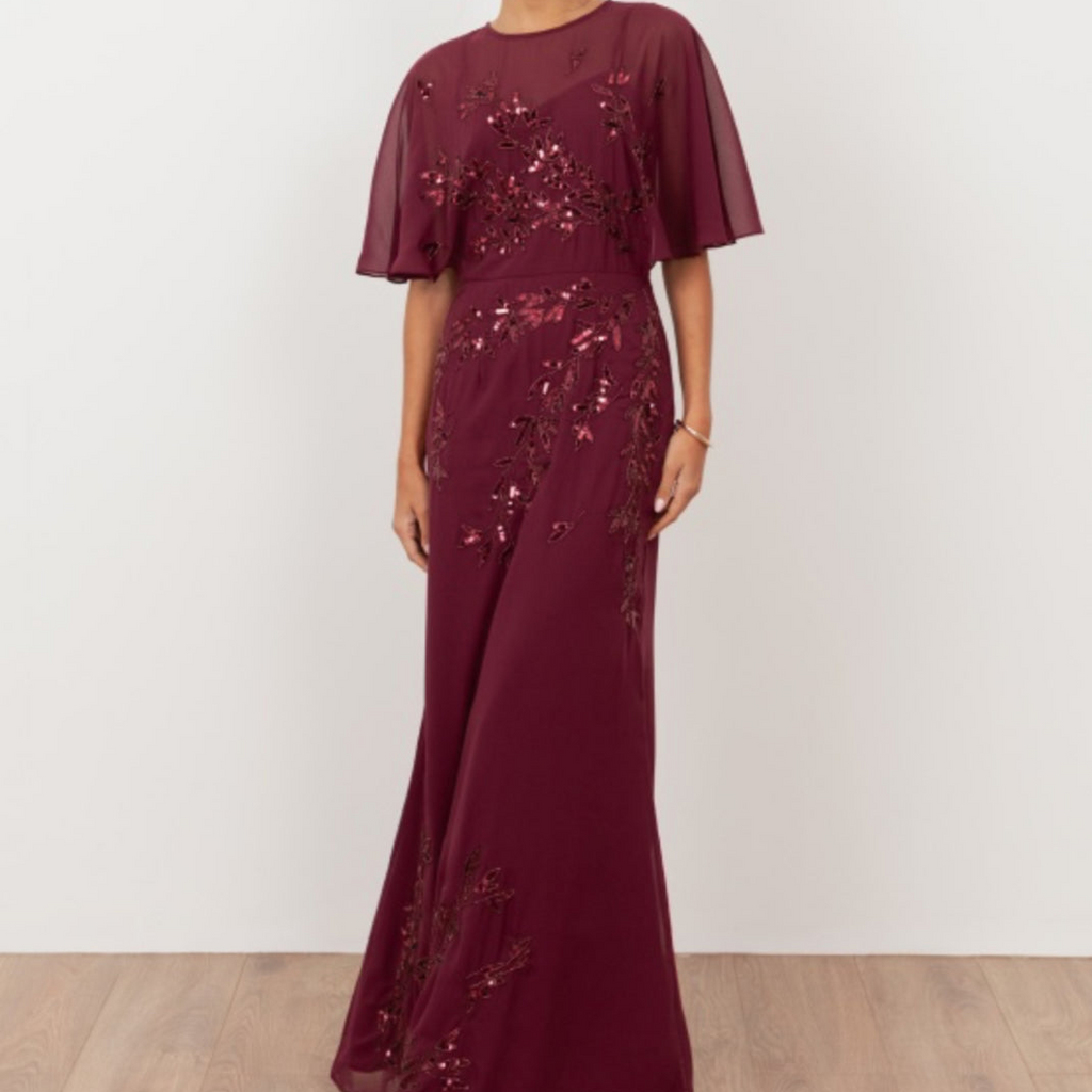 Cranberry Floral Embellished Angel Sleeve Maxi Dress
