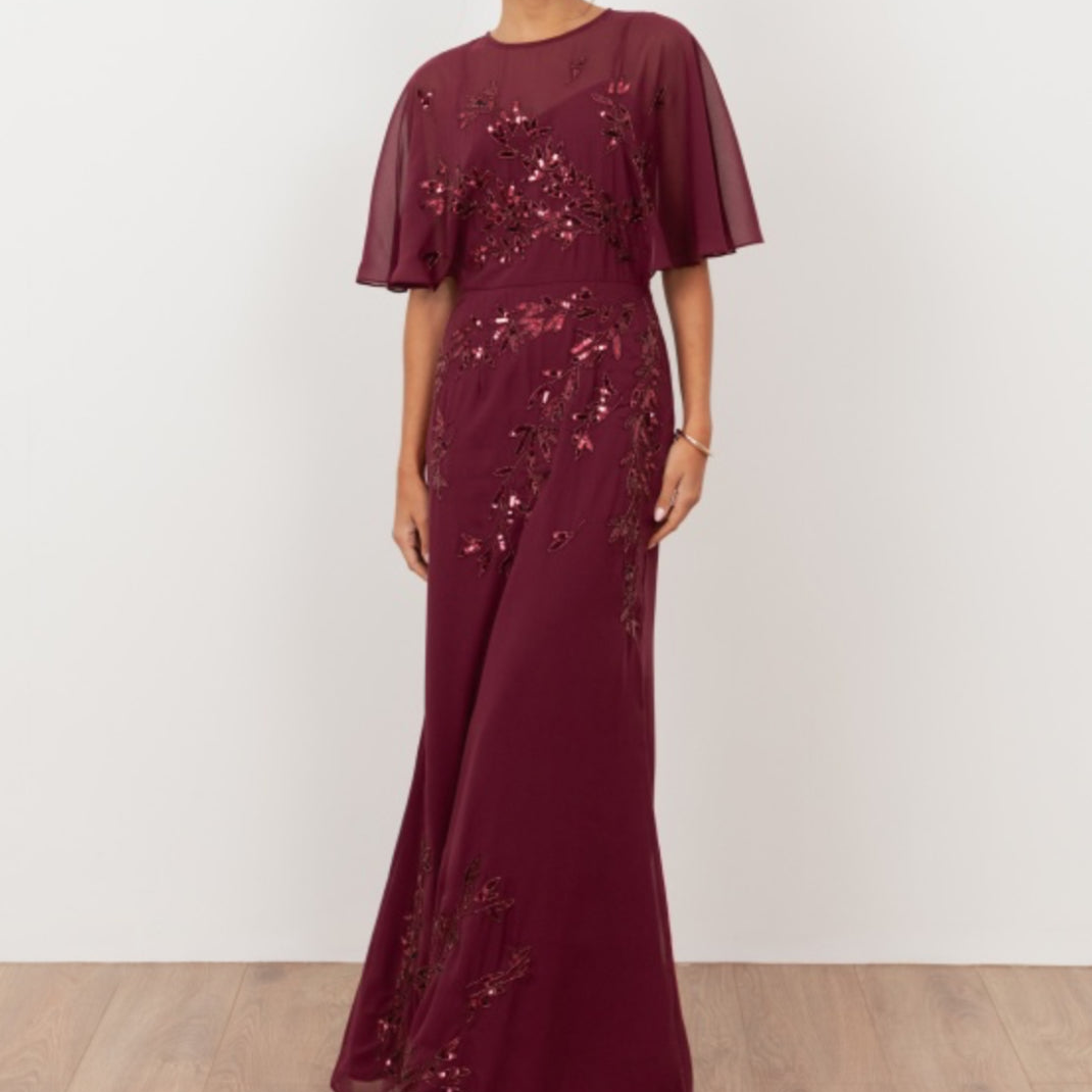 Cranberry Floral Embellished Angel Sleeve Maxi Dress