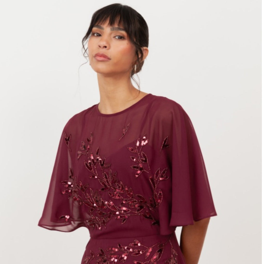 Cranberry Floral Embellished Angel Sleeve Maxi Dress