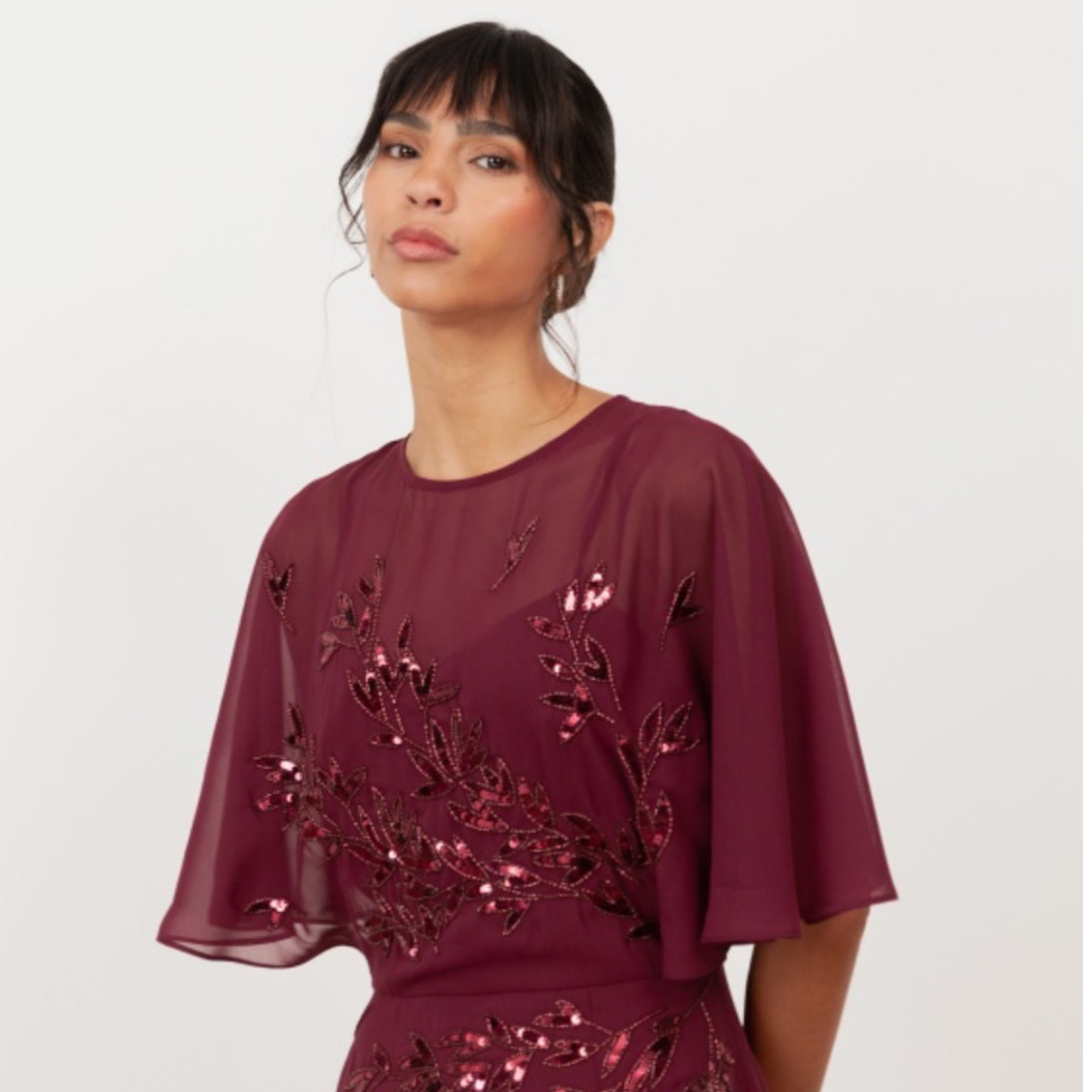 Cranberry Floral Embellished Angel Sleeve Maxi Dress