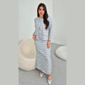 White & Navy Charm Tweed Maxi Dress with Pearl Buttons