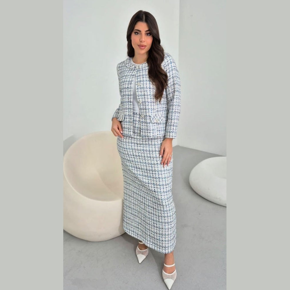 White & Navy Charm Tweed Maxi Dress with Pearl Buttons